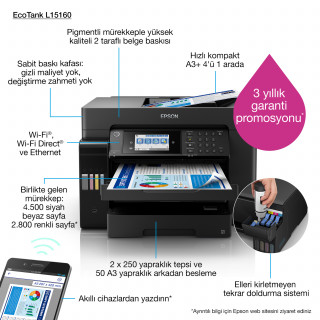 PRNT Epson L15160 színes A3+ tintasugaras 4in1 MFP, duplex, ADF, Ethernet, WIFI, 3 év PC