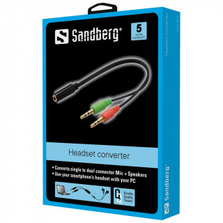 Sandberg Kábel Átalakító - Headset converter Mobile > PC (3,5mm jack audio+mikrofon apa -> 3,5mm TRRS jack anya; fek PC