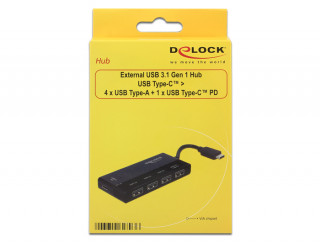 DeLock External USB 3.1 Gen 1 Hub USB Type-C > 4xUSB Type-A + 1xUSB Type-C PD PC